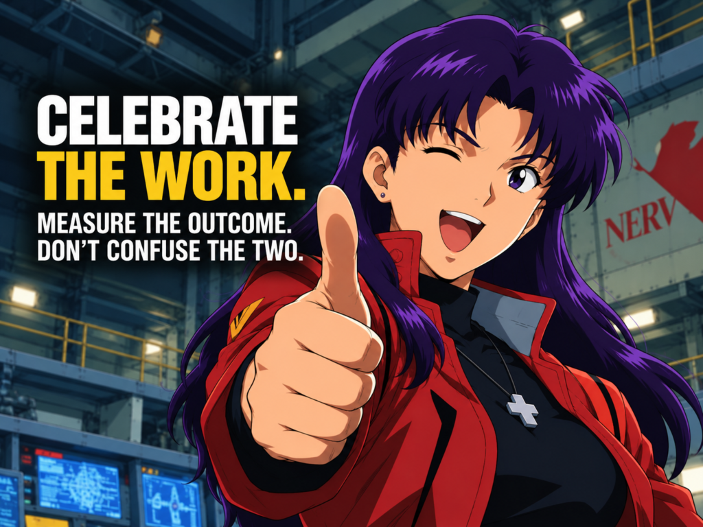 Celebrate the work. Measure the outcome. Don’t confuse the two. The image is Misato from Neon Genesis Evangelion. 