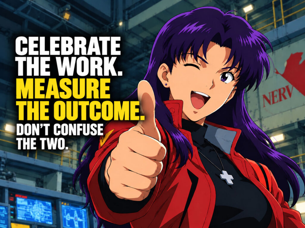 Celebrate the work. Measure the outcome. Don’t confuse the two. The image is Misato from Neon Genesis Evangelion. 