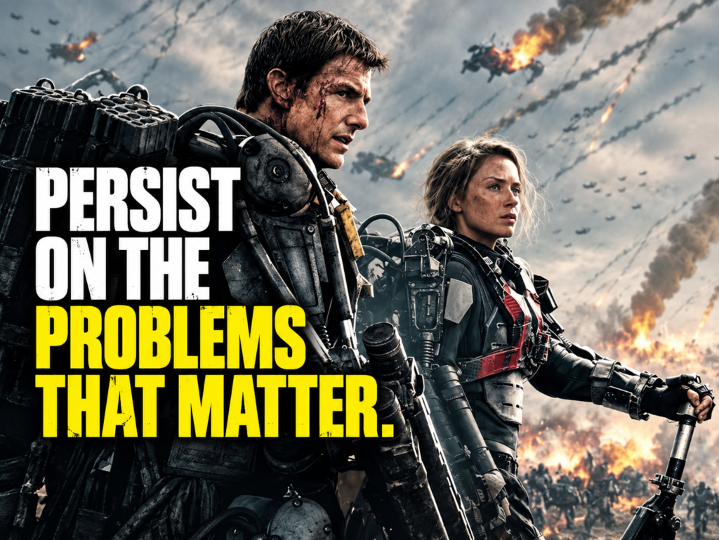 Persist on the problems that matter. The image is Cage (Tom Cruise) and Rita (Emily Blunt) from Edge of Tomorrow.