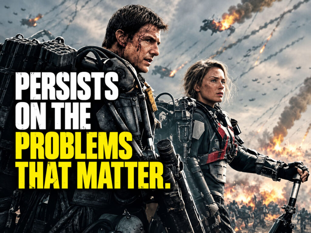 Persist on the problems that matter. The image is Cage (Tom Cruise) and Rita (Emily Blunt) from Edge of Tomorrow.