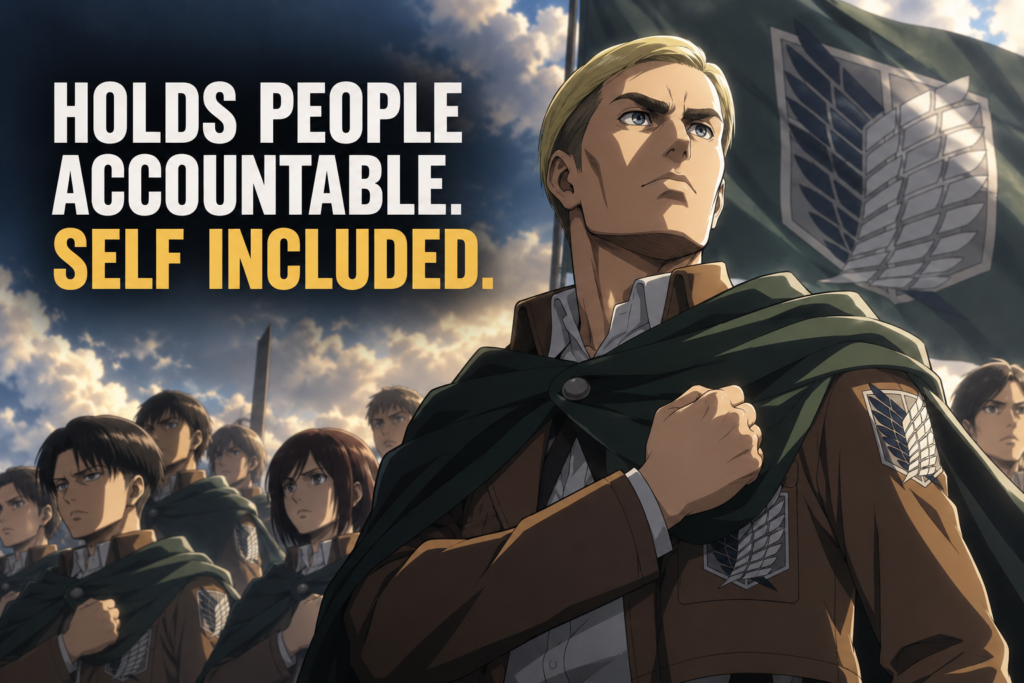 Holds people accountable. Self included. The image is from Attack on Titan.